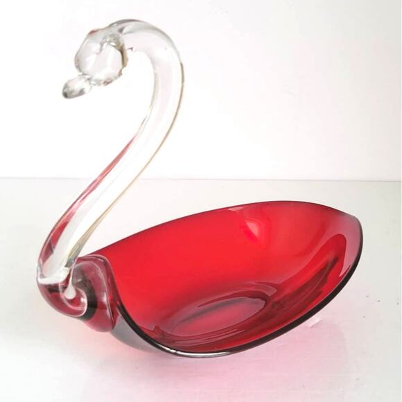 Duncan Miller Swan Candy Nut Dish Ruby Red Glass Trinket Mid Century Mod 1940s - Picture 3 of 9